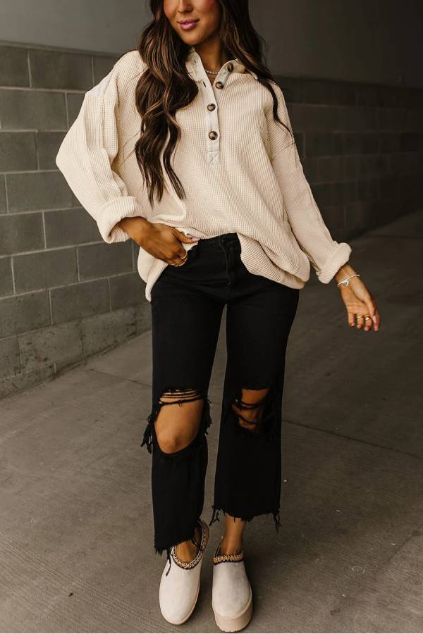 Casual Waffle Patchwork Drop Sleeve Henley Sweatshirt Top
