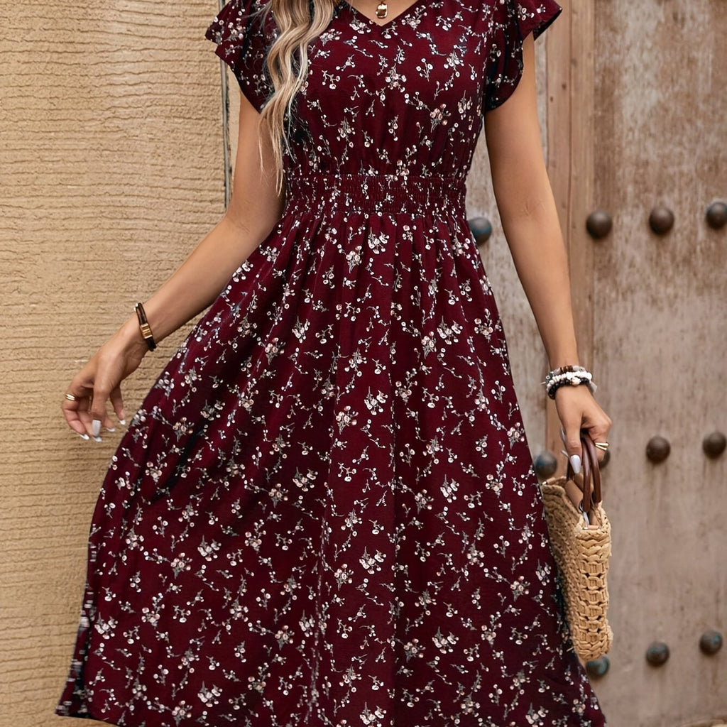 Floral V-Neck Ruffled Sleeves Midi Dress