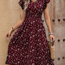Load image into Gallery viewer, Floral V-Neck Ruffled Sleeves Midi Dress
