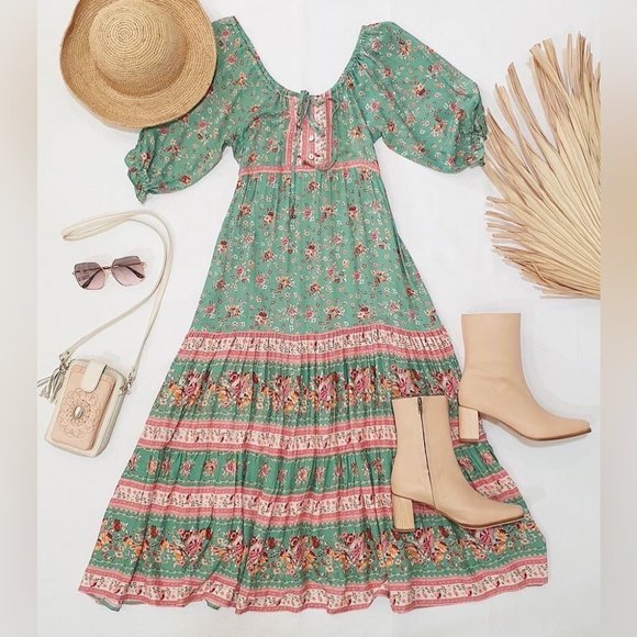 Boho Blue Floral Print Short Sleeve Maxi Dress