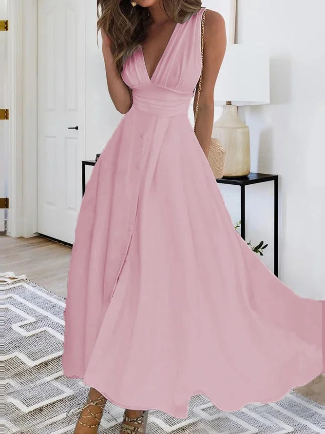 Elegant V Neck Sleeveless Midi Dress