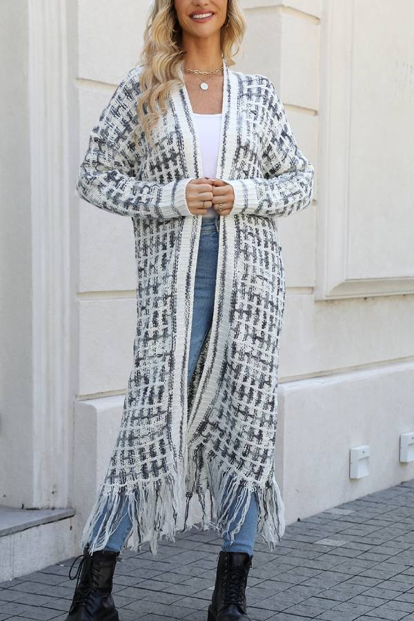 Color Block Fringed Long Cardigan Coat