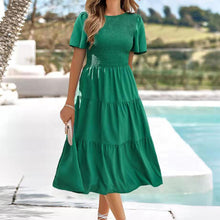Load image into Gallery viewer, Casual Flowy Short Sleeve V Neck Ruched Elastic Waist Layered Midi Dress
