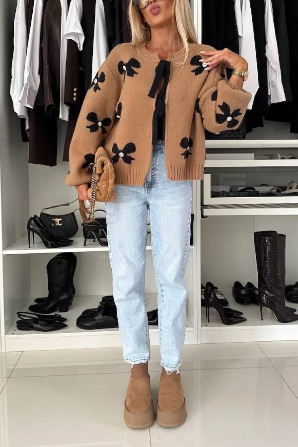 Bow Pattern Front Tie-up Long Sleeve Loose Cardigan