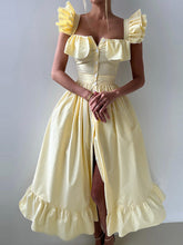 Load image into Gallery viewer, Striped Flutter Sleeves Single Buttons Down Breasted Midi Dress

