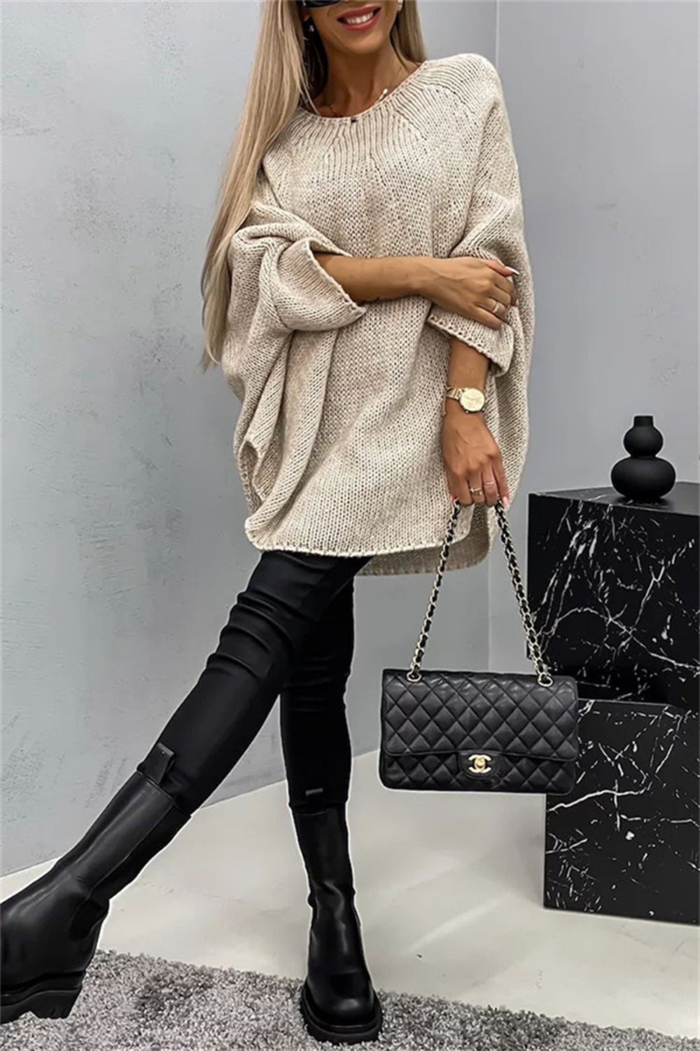 Casual Knit Crew Neck Poncho Loose Sweater