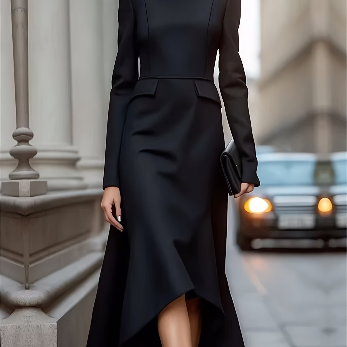 Black Elegant High Neck Long Sleeve Midi Dress