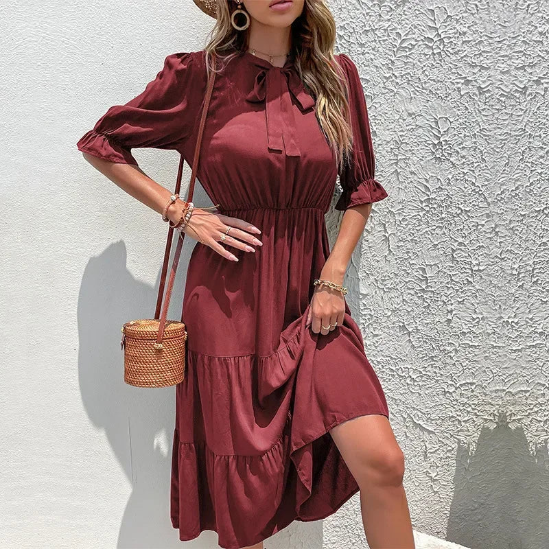 Elegant Ruffle Half Sleeve Tiered Casual Midi Dress