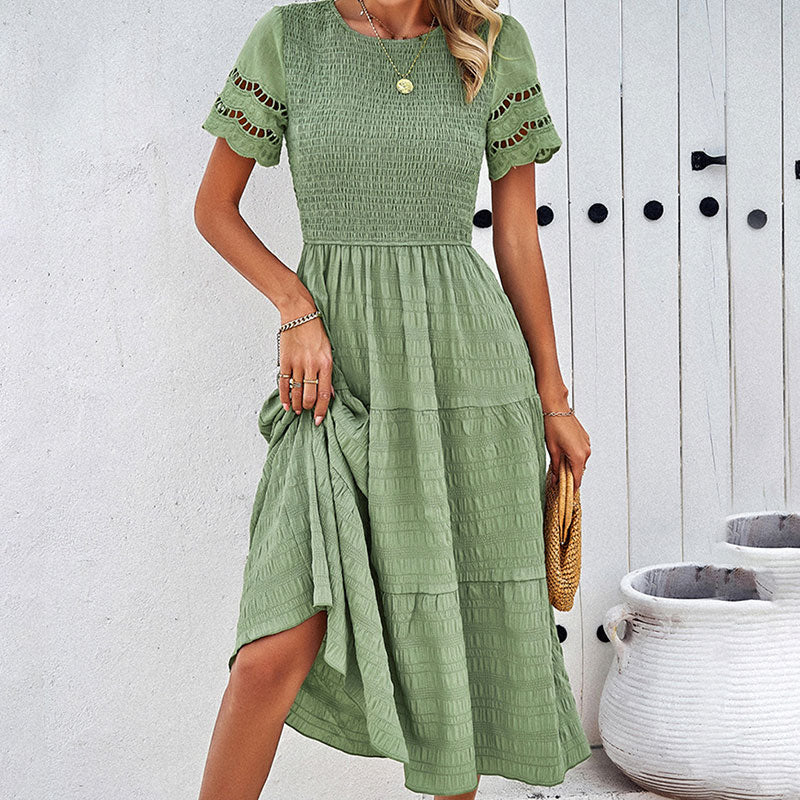 Elegant Round Neck Short Smocked Tiered Midi Dress