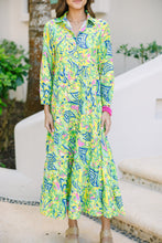 Load image into Gallery viewer, Green Print Long Sleeve Button Down Midi Dress

