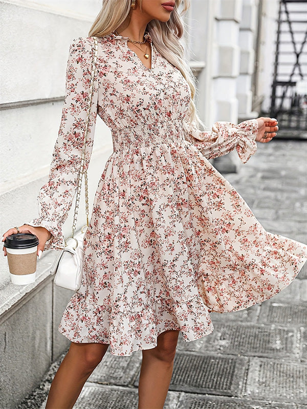 Floral Long Sleeves V-Neck Midi Dress