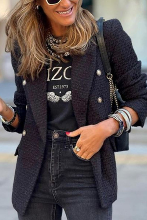Black Lapel Buttons Tweed Blazer