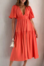 Load image into Gallery viewer, Sweet Elegant V Neck Puff Short Sleeves Tiered Midi Dress
