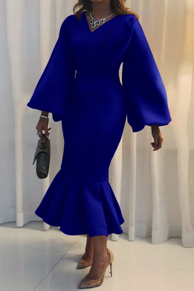 Elegant V Neck Long Sleeves Ruffled Midi Evening Dress
