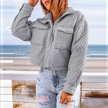 Load image into Gallery viewer, Gray Quilted Pocketed Zip Up Cropped Jacket
