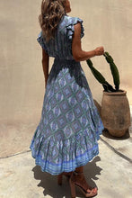 Load image into Gallery viewer, Hippie Boho Printed Tie Front Ruffle Sleeve Smocked Midi Dress
