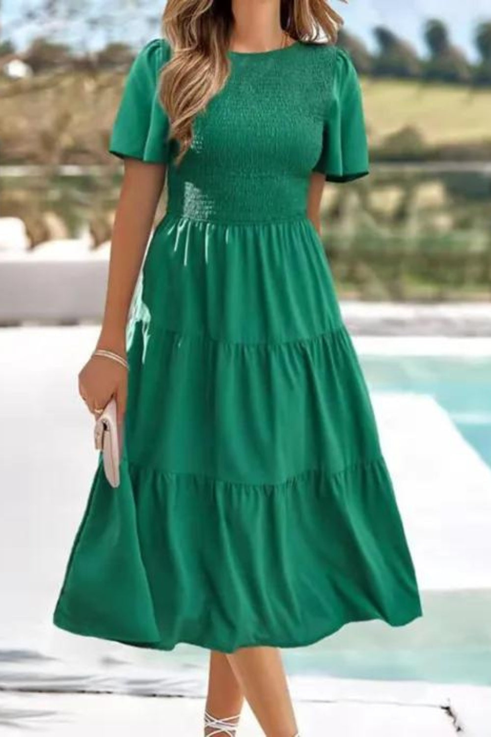 Casual Flowy Short Sleeve V Neck Ruched Elastic Waist Layered Midi Dress