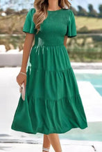 Load image into Gallery viewer, Casual Flowy Short Sleeve V Neck Ruched Elastic Waist Layered Midi Dress
