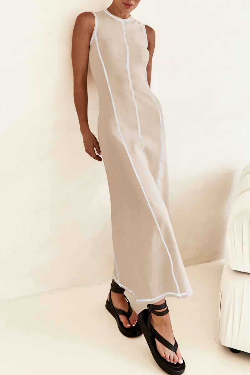 Casual Striped Contrast Sleeveless Round Necn Midi Dress