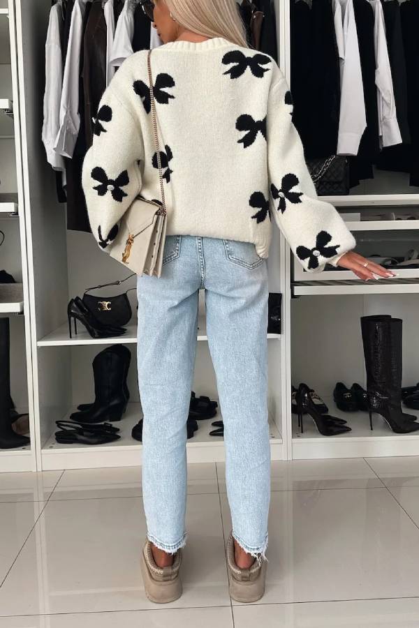 Bow Pattern Front Tie-up Long Sleeve Loose Cardigan