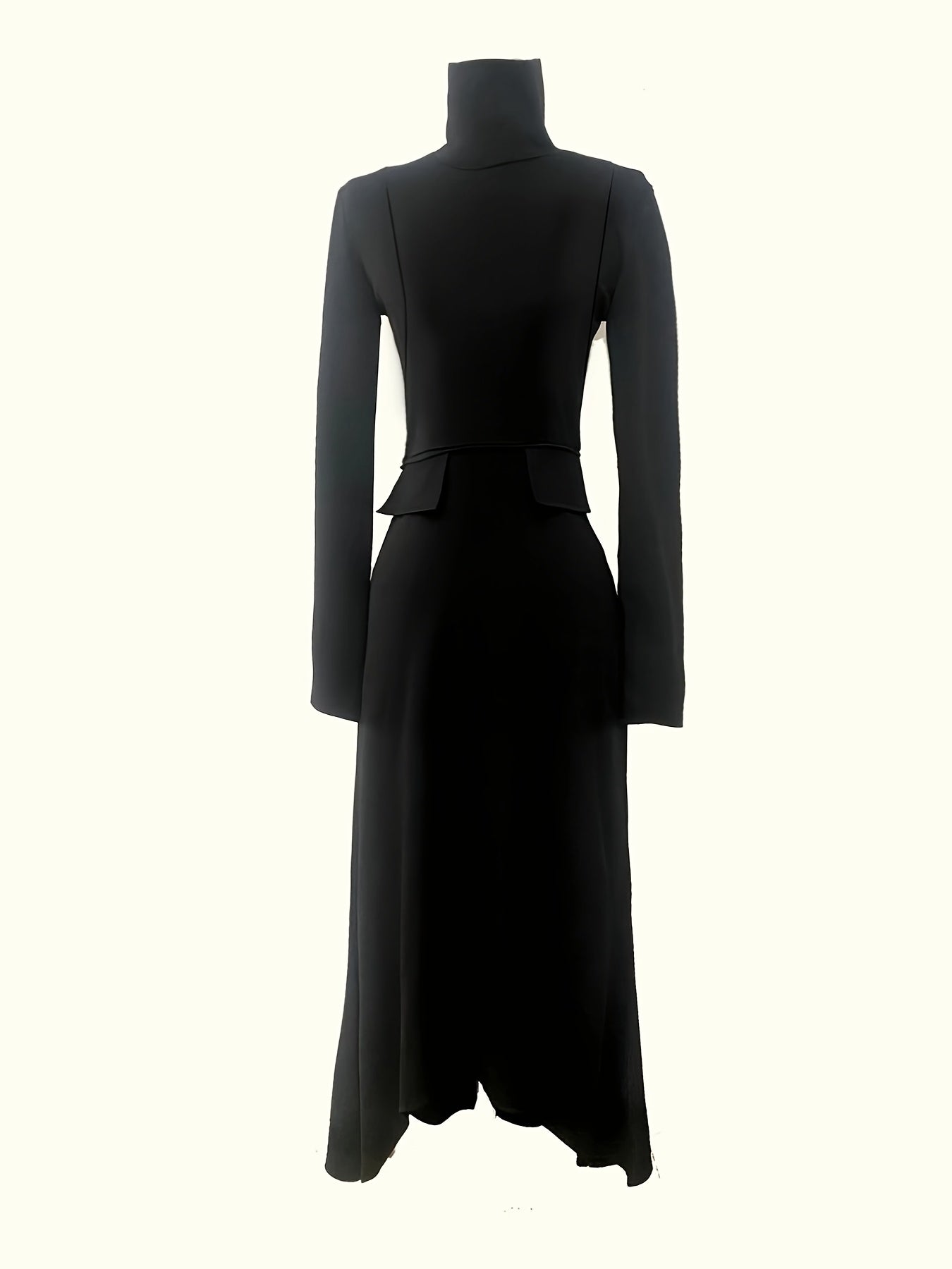 Black Elegant High Neck Long Sleeve Midi Dress