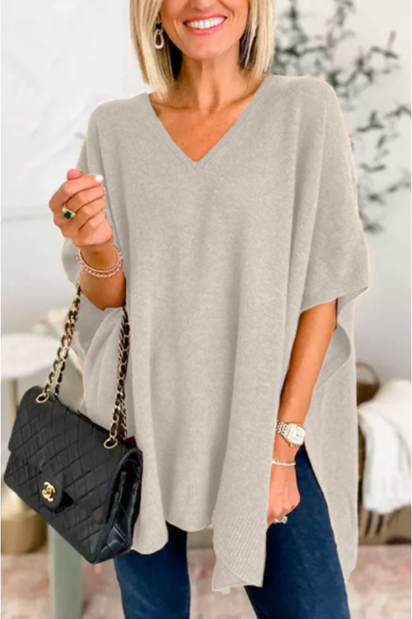 Classic V Neck Loose Fit Solid Poncho Sweater