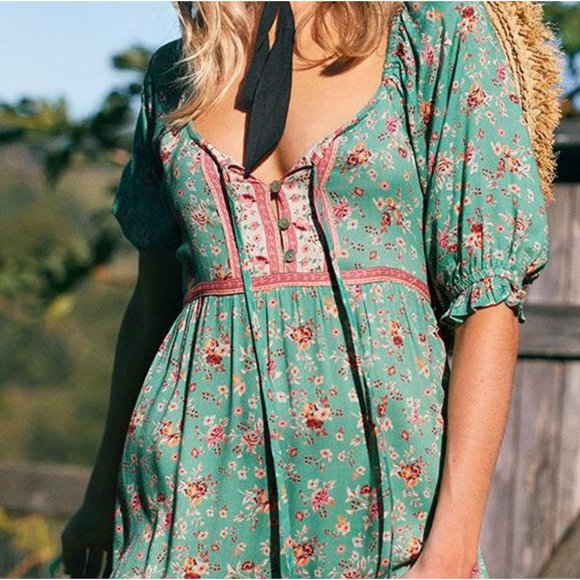 Boho Blue Floral Print Short Sleeve Maxi Dress