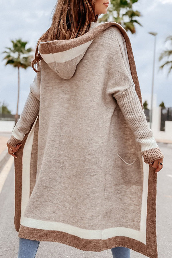 Casual Color Block Hooded Long Cardigan Sweater