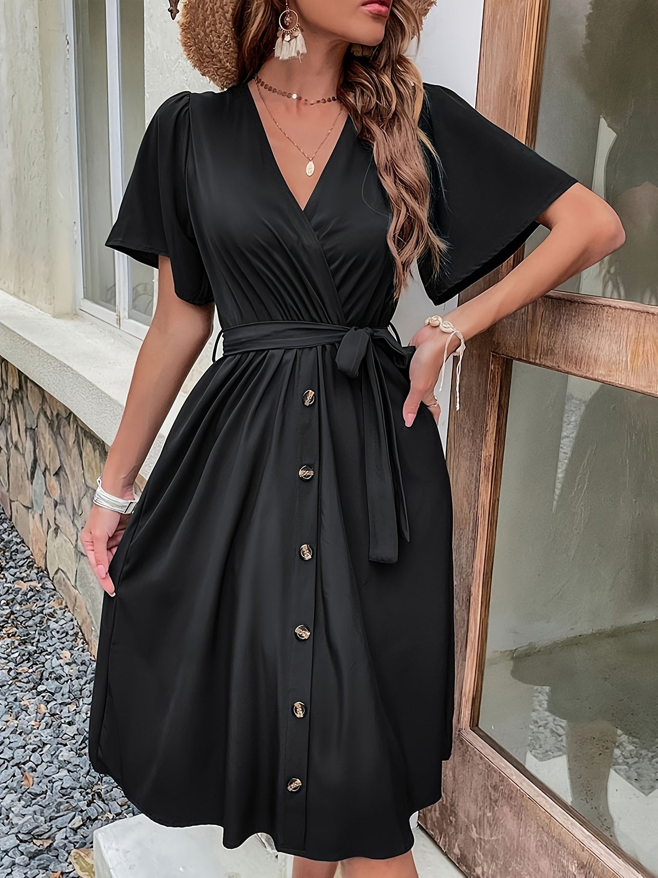 Black V Neck Button Front Short Sleeve Midi Dress
