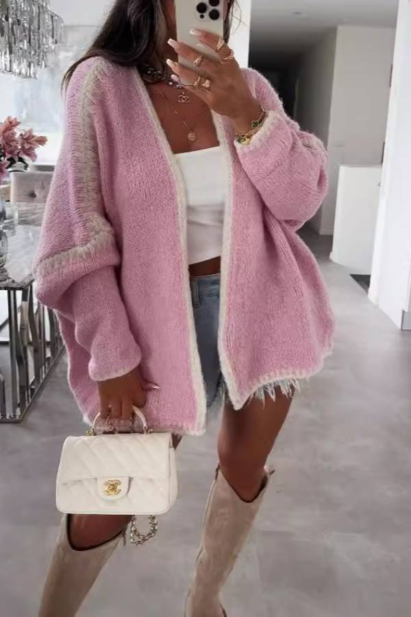 Casual Long-sleeved Loose Trimmed Knitted Cardigan