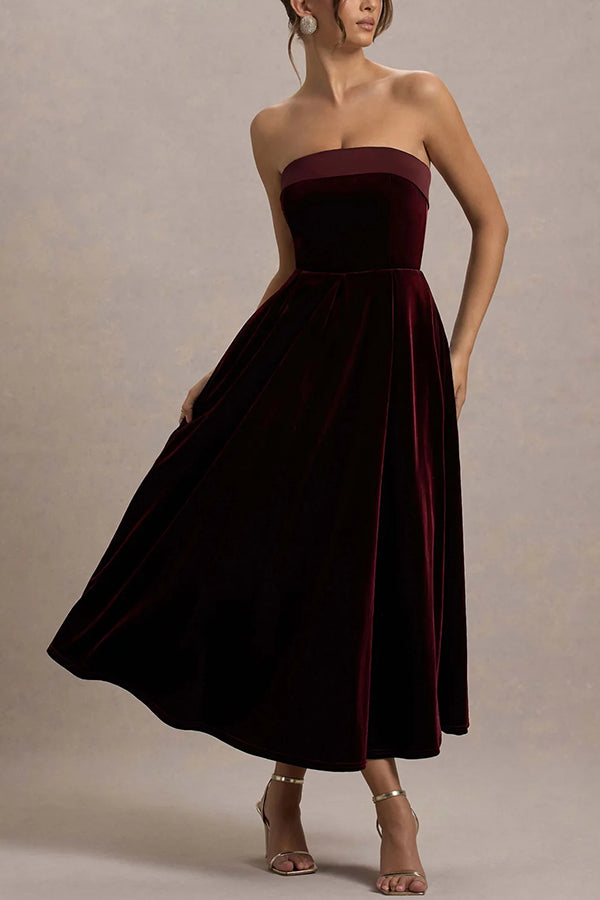 Elegant Strapless A-line Velvet Midi Dress