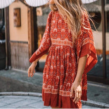 Load image into Gallery viewer, Red Bohemian Floral Tunic Dress
