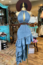 Load image into Gallery viewer, Halterneck Cutout Ruffled Asymmetrical Denim Midi Dress
