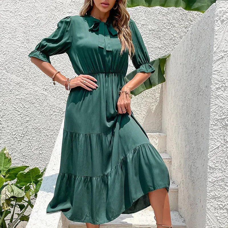 Elegant Ruffle Half Sleeve Tiered Casual Midi Dress