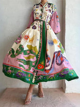 Load image into Gallery viewer, Retro Print Long Sleeve Buttons Down Midi Dress
