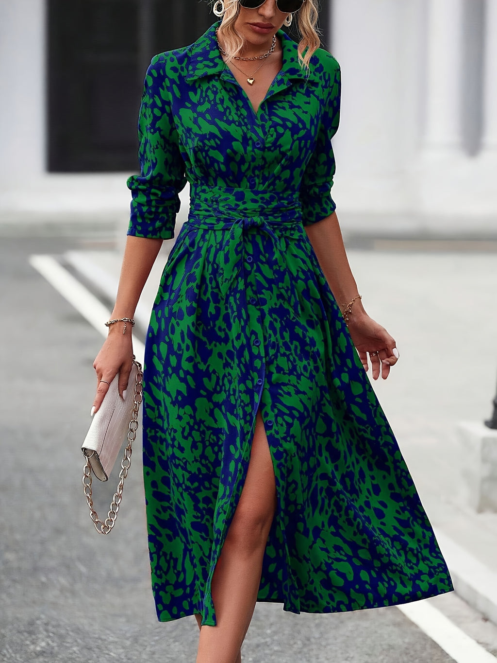 Elegant Long Sleeve Cinched Waist Allover Print Button Down Midi Dress