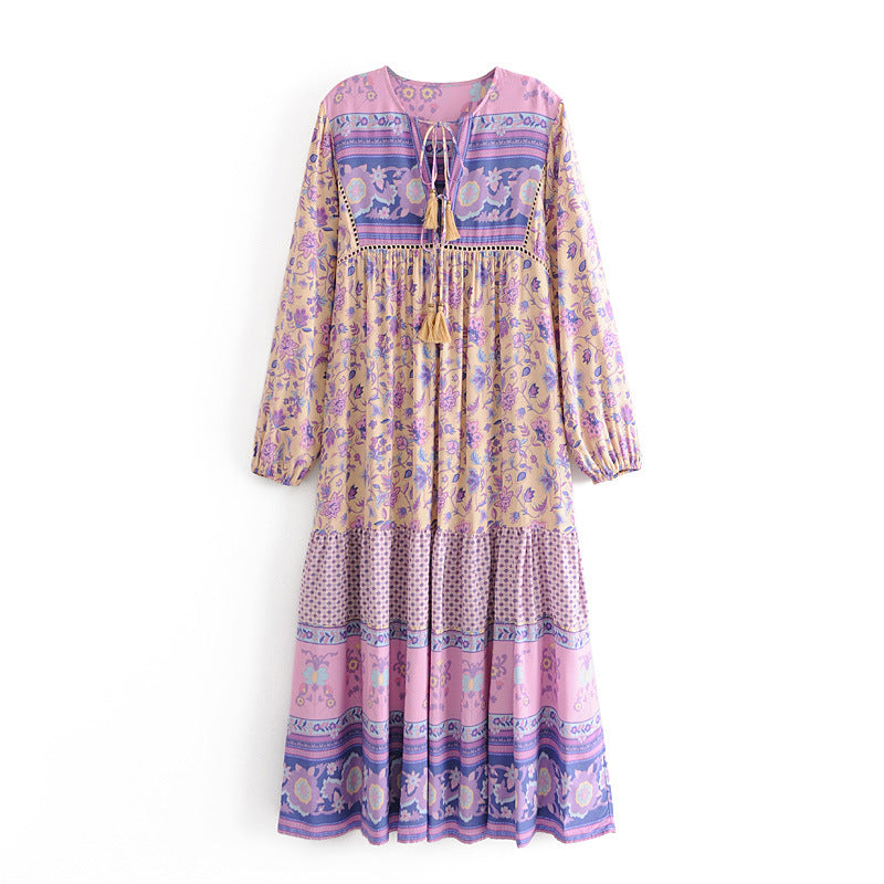 Boho Floral Print Long Sleeve Loose Maxi Dress