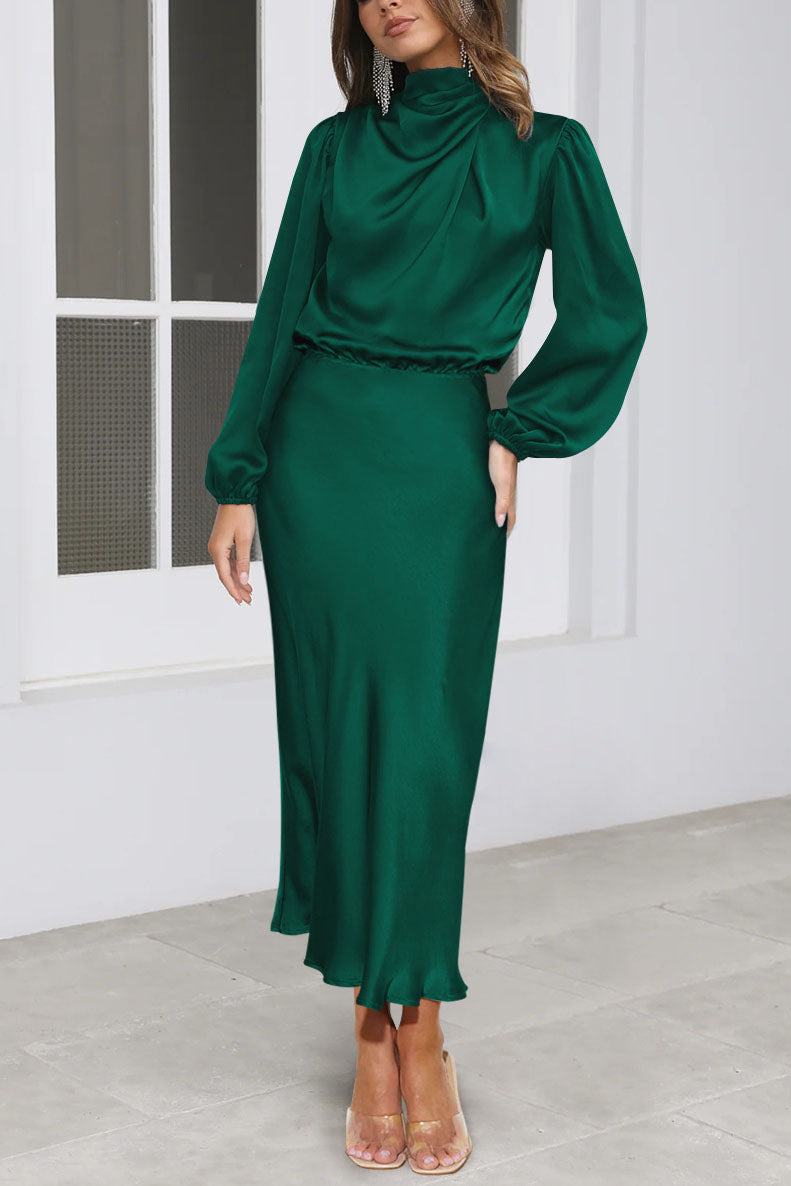 Chic Satin Long Sleeve Midi Party Dress