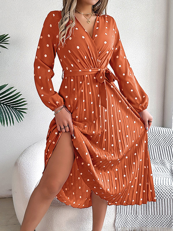 Classic V-neck Long Sleeves Polka Dots Print Midi Dress