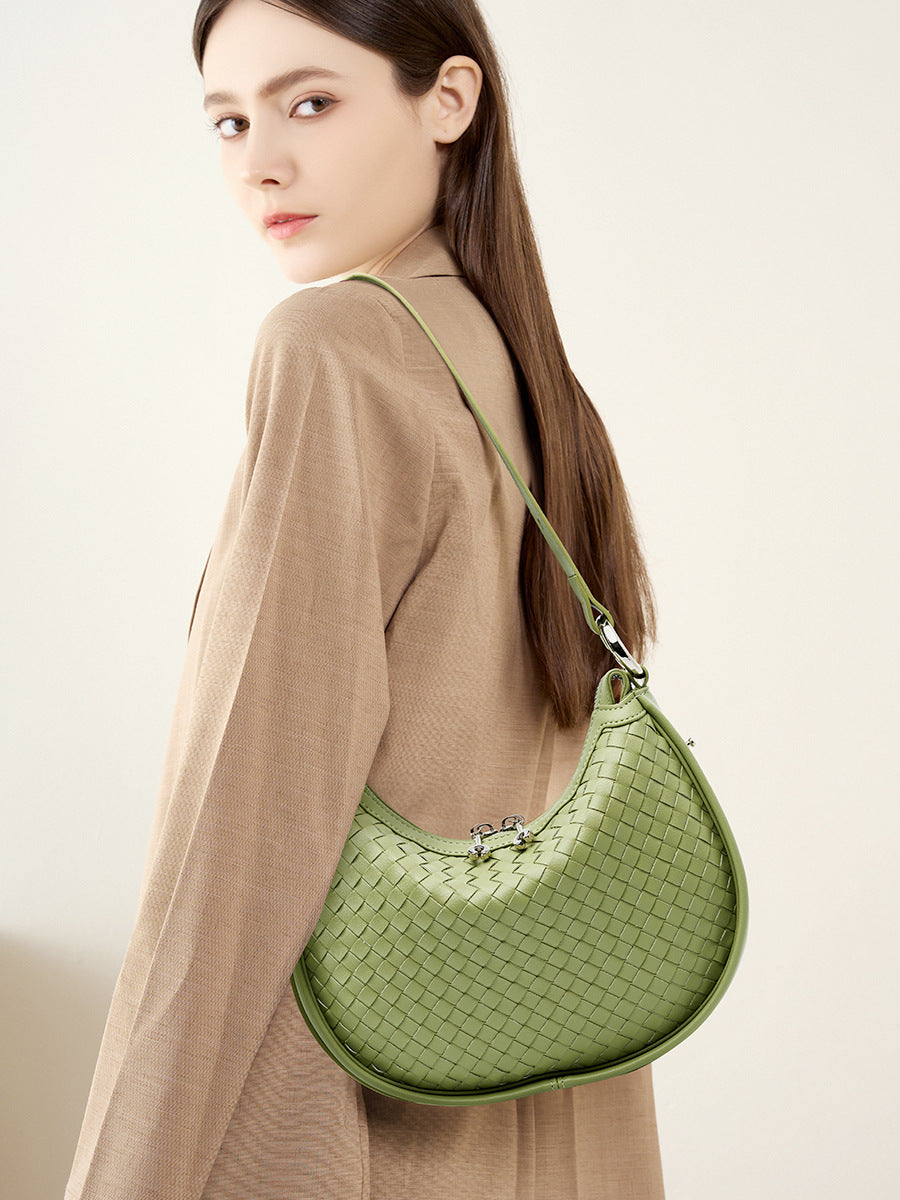 Classic Genuine Leather Bag Woven Crescent Handbag