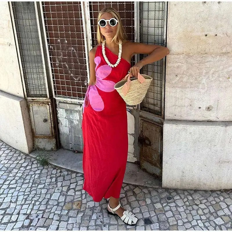 Red Floral Cut Out Midi Dress