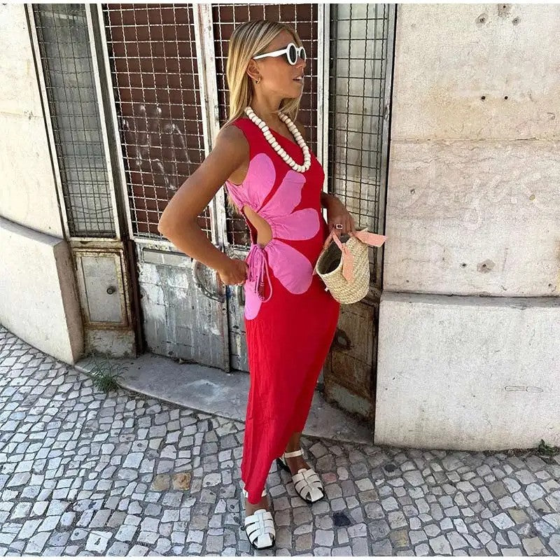 Red Floral Cut Out Midi Dress
