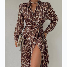 Load image into Gallery viewer, Leopard Print Long Sleeves Ruched Wrap Split Front Midi Dress
