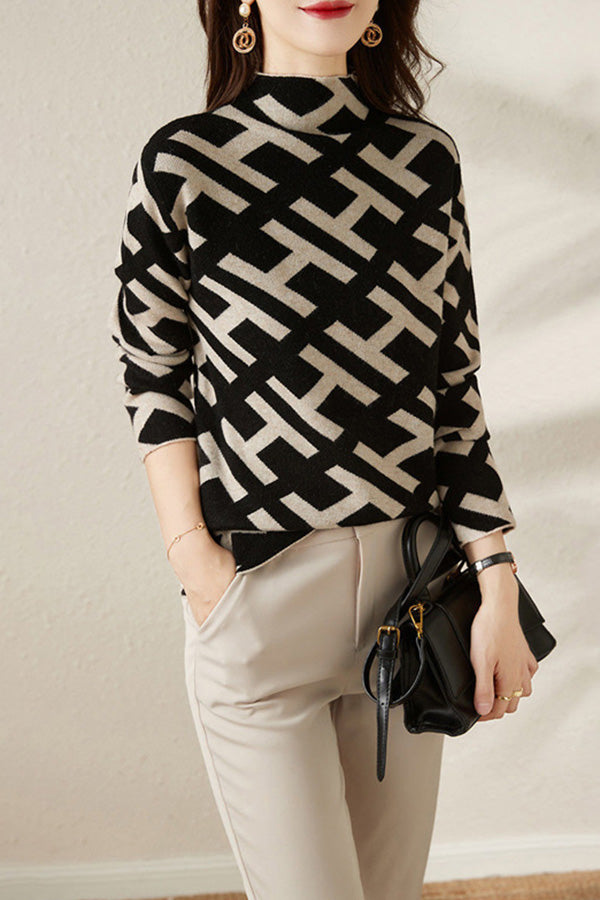 Casual Letter Jacquard Half Neck Sweater