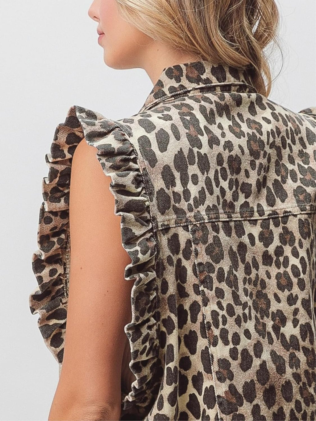 Distressed Ruffled Sleeves Denim Vest Button Down Frayed Hem Jean Jacket