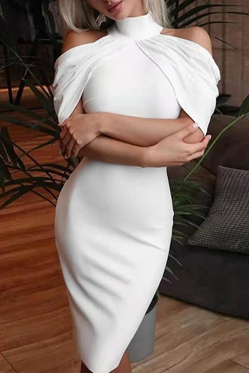 White Sexy Cold Shoulder Sheath Midi Dress