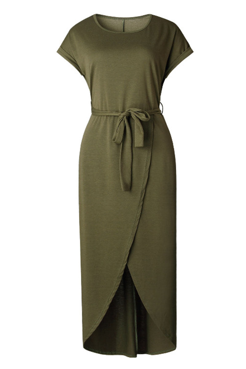 Casual Round Neck Irregular Ruched Slit Front Midi Dress