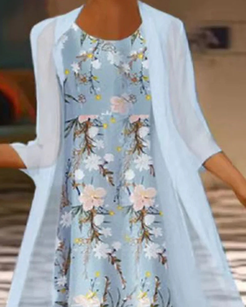 Blue Floral Midi Two Piece Dress