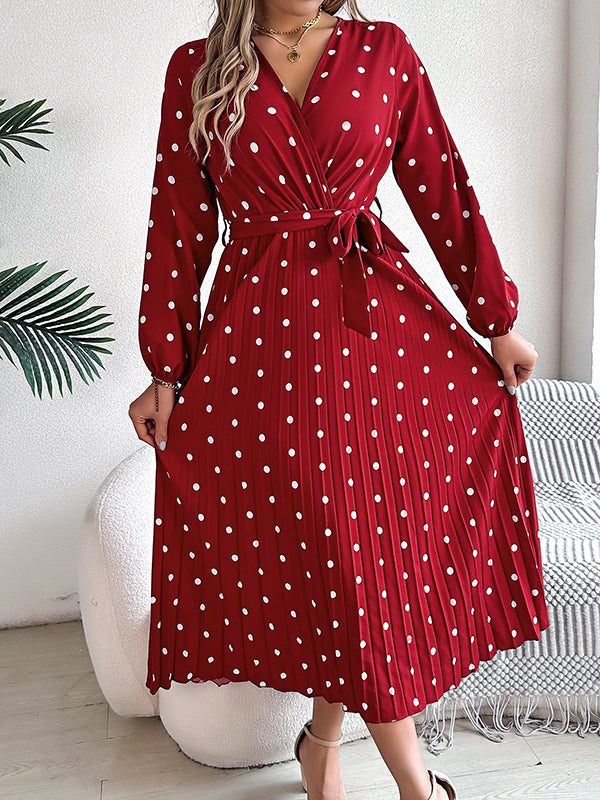 Classic V-neck Long Sleeves Polka Dots Print Midi Dress
