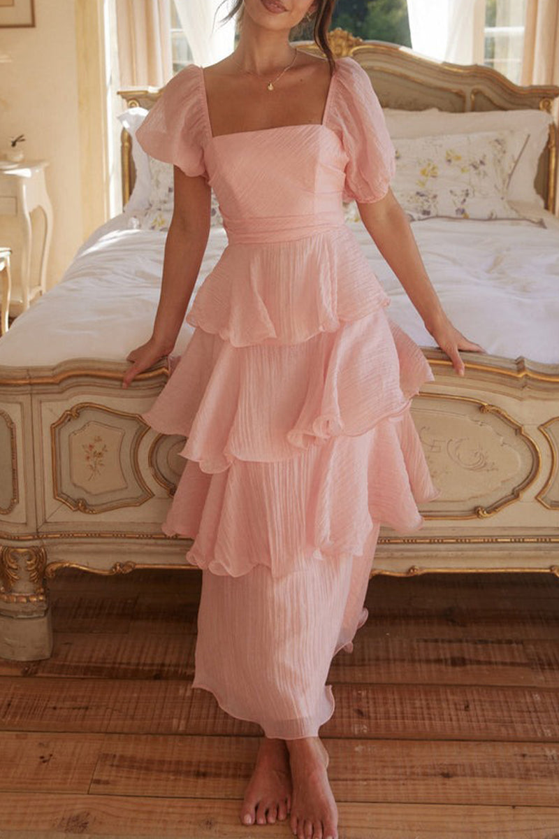 Classic Flounce Square Neck Tiered Midi Dress